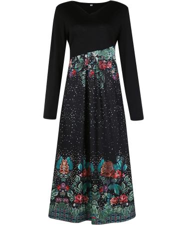 Women's Casual Fall Wedding Guest Midi Dress - Black Long Sleeve Cocktail Party Tunic Flower Shirt Hawaiian Plus Size - Size Large - Buy Online on GoSupps.com