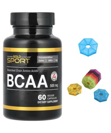 BCAA AjiPure Branched Chain Amino Acids Compatible With California Gold Nutrition 500 mg 60 Capsules + Bonus Pill Organizer Weekly Pill Organizer Mini