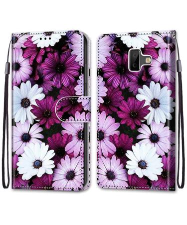 Nadoli cell phone case leather for Samsung Galaxy J6 Plus colorful painting Elegant daisy blind carrying slip card compartment magnet stand protective cover wall pocket leather bag pocket case Samsung galaxy j6 plus daring