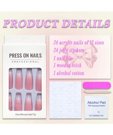 Buy Medium Coffin Press on Nails - Pink & White Gradient French Fake Nails | Glossy Full Cover Acrylic Nails for Women & Girls - 24Pcs - Buy Online on GoSupps.com