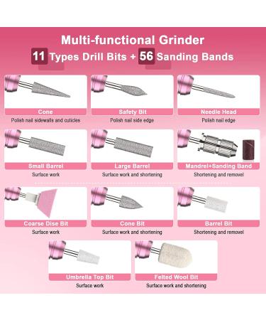 Professional Electric Nail Drill Machine - 20000 RPM Efile Manicure Tools with 11 Drill Bits and 56 Sanding Bands - Salon Quality Supplies for Acrylic Nails - Pink - Buy Online on GoSupps.com