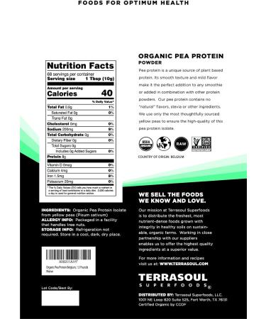 Buy Terrasoul Superfoods Organic Pea Protein 1.5 lbs - Unflavored & Smooth Texture - Sourced from Europe | Best Quality for Health & Fitness - Buy Online on GoSupps.com