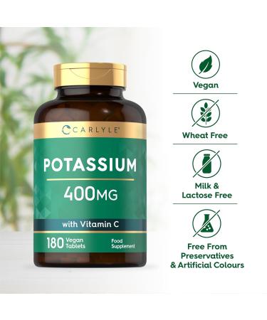 Potassium Supplement 400mg with Vitamin C 100mg | 180 Vegan Tablets | Supports Blood Pressure, Muscle and Nervous System Function | Immune System Boost | by Carlyle - Buy Online on GoSupps.com