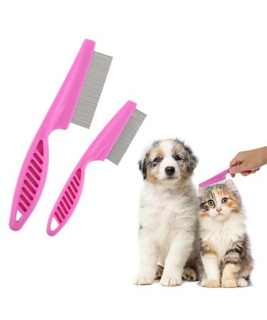 Tiesome pet hair combinations 2 packing multifunctional trunks for pets grooming kit 2 in 1 dog framework stainless steel comb Massage comb Double -sided comb (pink)
