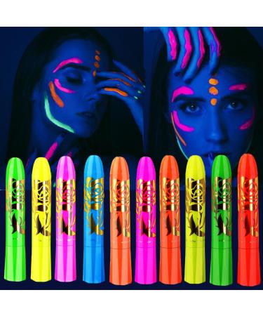 10 Color Glow in The UV Black Light Face Body Paint for Kids Adult Blacklight Glow Sticks Makeup Neon Face Painting Kits for Halloween Glow Party Supplies