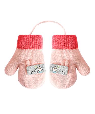 Girls Boys Cute Fox Knitting Short Full Finger Gloves Toddler Kids Winter Thermal Plush Lining Cycling Camping Gloves Mitten for 1-3 Yrs Cartoon/Pink