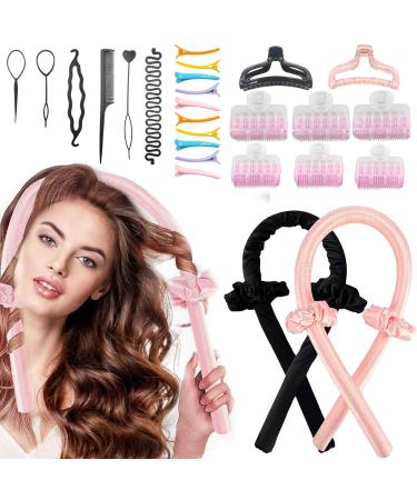 2PCS Heatless Curling Rod Headband Heatless Hair Curling to Sleep In  Heat Curls DIY Hair Rollers Styling Tool for Sleep in Overnight 2 Heatless Hair Curling 2 Hair Clips 4 Silk Hair Ties 6 Rollers for Hair 10 Clips 6 PC...