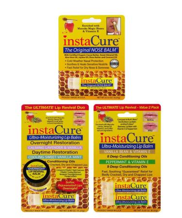 InstaCure's Original Nose Balm with Manuka Honey. Fast Relief for Cracked Dry & Sore Noses! Plus InstaCure Vanilla Bean & Vitamin E and Peppermint & Vitamin E Ultra-Moisturizing Lip Balm 2-Pack + InstaCure Lip Repair Duo. Calming Lavender & Vanilla Overni