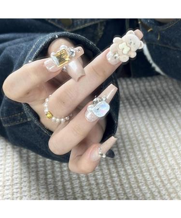 Nails Nail Tips Nails Set Handmade Nails Press On 3D Bear Aurora Diamond Pearl Decor Luxury Long Coffin Wearable Full Cover Nail Tips(JGXX S) - Buy Online on GoSupps.com