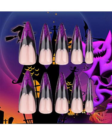 Halloween Bats Press-On Nails | 24 Pcs Glossy Purple Glitter French Tips | Long Stiletto Acrylic Fake Nails for Women & Girls - Buy Online on GoSupps.com