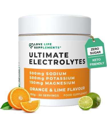 Love Life Supplements Ultimate Electrolytes Powder 500mg Sodium 500mg Potassium 150mg Magnesium 150g - 30 Servings Pink Himalayan Salt for Hydration Orange & Lime Flavour Sweetened with Stevia Orange & Lime 5.3 Ounce