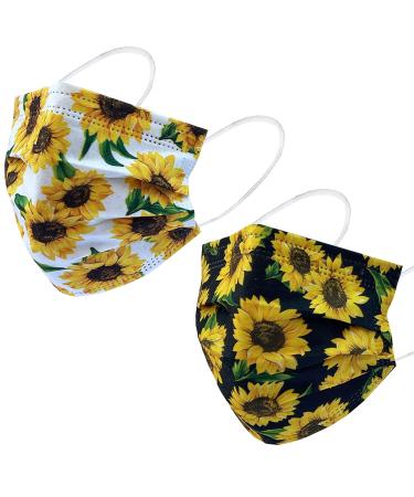 Everydayspecial Disposable Safety Mask 3 Layer Protection Face Mask for Adults 50 pcs with 1pc Necklace Mask Holder (Sunflower Print), 50 Count (Pack of 1)