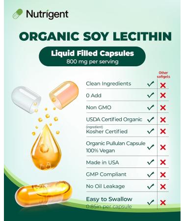 Nutrigent USDA Organic Soy Lecithin Supplement 800 mg, High Absorption Liquid Organic Capsules, Choline Lecithin Supplement for Brain & Liver Health Support, Non-GMO, Gluten Free, 60 Count - Buy Online on GoSupps.com