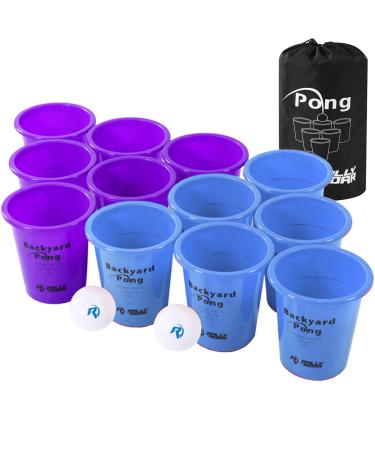 Rally and Roar Jumbo Tailgate Beer Pong Set - Includes 12 Durable 9" Tall Cups, 2 Balls, Carry Bag Blue/Purple