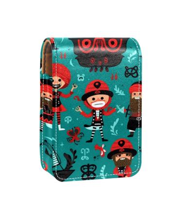 Lipstick Case Leather Lip Gloss Lipstick Organizer with Mirror Mini Lipstick Holder Bag Cartoon Pirate Ocean Theme H110f7pryh