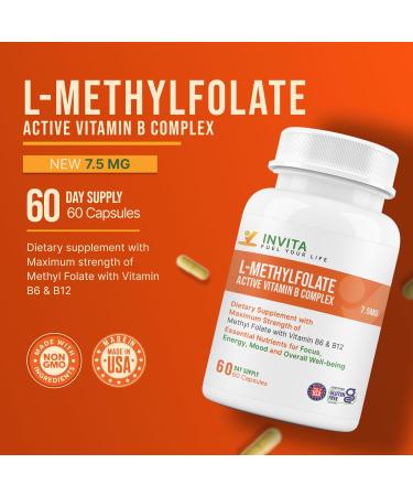 INVITA L-Methylfolate 7.5mg + Active Vitamin B Complex 60 Capsules - 5-MTHF Supplement with Vitamin B6 & B12 Methylcobalamin for Mood Energy and Heart Non-GMO Gluten Free 2-Month Supply - Buy Online on GoSupps.com