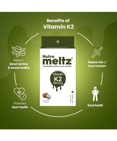 Nutrameltz Vitamin K2 100 mcg Vitamin K2 as MK7 Supplement for Strengthening Teeth Bones Promotes Heart Health Quick Dissolving Tablets for K2 Vitamin Deficiency Coconut Flavour (60 Tablets) - Buy Online on GoSupps.com