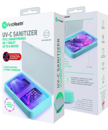 FirstHealth LED UV Phone Sanitizer - 360 UV-C Sanitizing in 5 Minutes - Kills up to 99.9% of Pathogens - Fits Two Smartphones or One Tablet - Aromatherapy Diffuser - Safety Shutoff - Buy Online on GoSupps.com