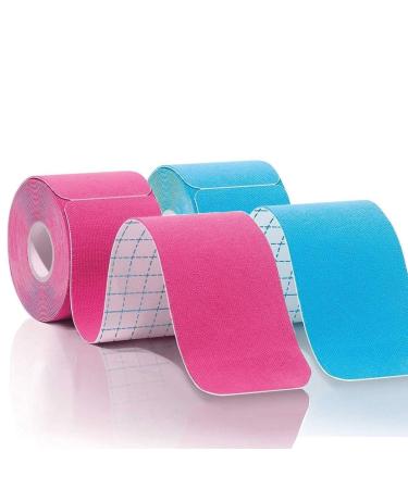 Kinesiology Tape Precut - 2 Rolls 5cmx10M | K Tape Hypoallergenic Waterproof 80 Precut Strips In Total Physio Elastic Sports Tape Pain Relief Adhesive for Muscles Elbow Knee & Shoulder Sports | Pink+Blue