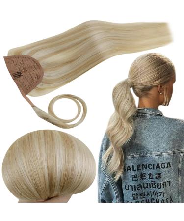 Runature real hair braid blond highlight human hair 40cm ponytail extensions real hair ash blonde with blond smooth real hair ponytail extensions real hair 80g color #18/613 40 cm 1-braid #18P613
