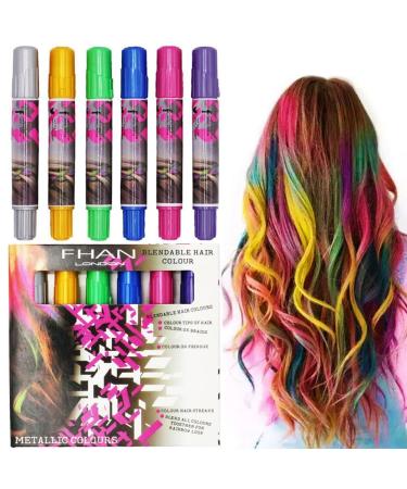 6 Sticks Hair Chalk Pens Metallic Glitter Temporary Hair Dye Pastel Edge Chalks Non-Toxic Color No Mess for All Hair