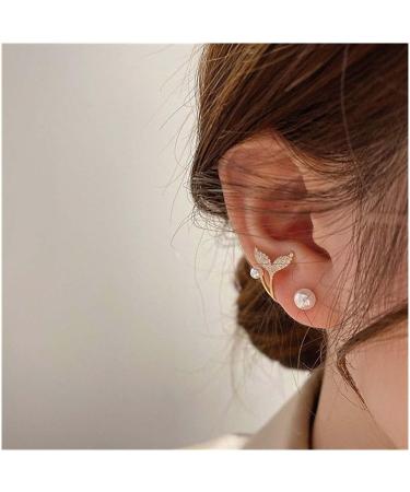 Vintage Crystal Fish Tail Ear Jacket Earrings - Gold Mermaid Pearl Studs & Whale Tail Front Back Jewelry for Women | Shop Internationally - Buy Online on GoSupps.com