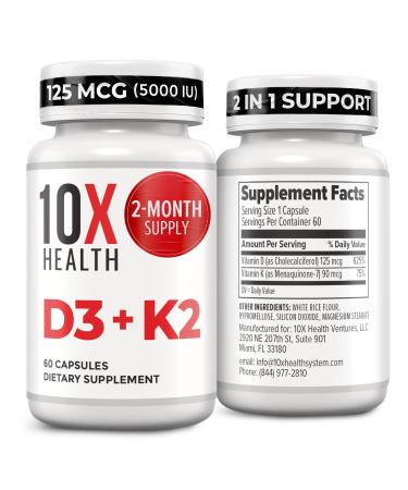 10X Health Vitamin D3 5000 IU & K2 MK7 - Menaquinone 7 High-Potency D3 K2 Vitamin Supplement for Bone Health Heart and Teeth - 125 mcg Vitamin D & 90 mcg Vitamin K2-60 Capsules