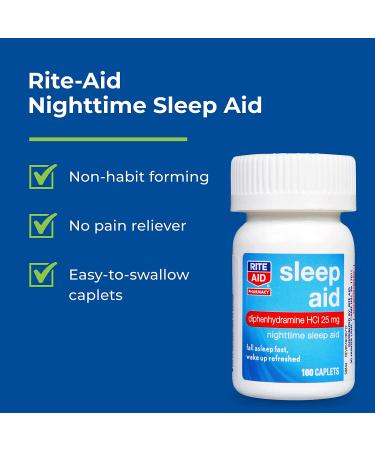 Rite Aid Nighttime Sleep Aid 25mg Diphenhydramine HCI 100 Mini Caplets - Non-Habit Forming Insomnia Relief | Natural Sleep Supplement for Anxiety | Best Sleep Aid for Insomnia - Buy Online on GoSupps.com