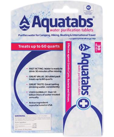 Aquatabs 49mg Water Purification Tablets (30 Pack). Water Filtration System for Hiking, Backpacking, Camping, Emergencies, Survival, and Home-Use. Easy to Use Water Treatment and Disinfection.