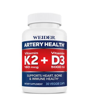 Weider Artery Health - Artery Flexibility & Heart Health - with Vitamin K2 D3 & Ginger - Bone & Immune Support* - Gluten Free & Vegan - 30 Veggie Capsules 30 Count (Pack of 1)