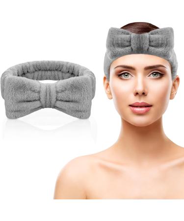 AOMIG Spa Headband for Women - Fluffy Microfiber Elastic Hair Band for Makeup, Shower, Sports - Grey Bowknot Head Band - 1 Pc - Buy Online on GoSupps.com