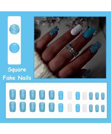 MISUD Short Square Press on Nails - Glossy Summer Blue Acrylic Nails | 24 pcs Squoval DIY False Nails with Bling Glitter Design - Buy Online on GoSupps.com