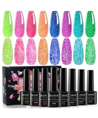 Mizhse reflective gel nail polish glitter neon 8 colors glitter nail polish disco bright nail polish fluorescent yail paint uv nail polish starter kit diy nail art salon 082-8pcs