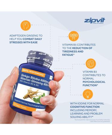 Zipvit Ginkgo Biloba & Siberian Ginseng 6000mg + 600mg with Vitamins B3 & B5 - 120 Vegan Tablets for Focus & Energy | 4 Months Supply - Buy Online on GoSupps.com