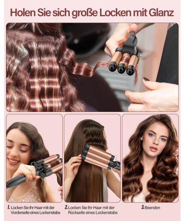 Shop Locken Bars 3 Barrel Curling Iron for Beach Waves - Fast Heating Adjustable Temperature Ceramic - Perfect for Large Curls in Ros gold - Buy Online on GoSupps.com
