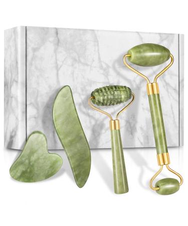 4-pcs Jade Roller & Gua Sha Set, Facial Roller Massager with Gua Sha Scraping Tool, Jade Stone Massager for Anti-aging, Slimming & Firming, Rejuvenate Face and Neck, Remove Wrinkles & Eye Puffiness 4 Pcs-Green