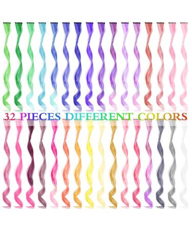 32 PCS Colored Clip in Hair Extensions - BEAHOT 17 Inch Rainbow Curly Wavy Hairpieces for Women, Kids, Girls - Synthetic Halloween Party Fashion Accessory - Buy Online on GoSupps.com