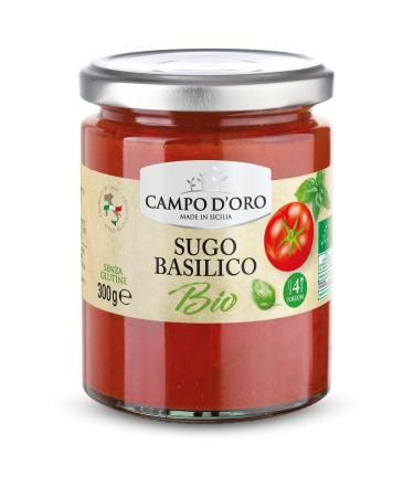 CAMPO D'ORO ORGANIC BASIL SAUCE 300 GR Made with fresh tomatoes with the addition of the best basil which gives our sauce a unique taste Sicilian specialties for recipes 100 Made in Italy
