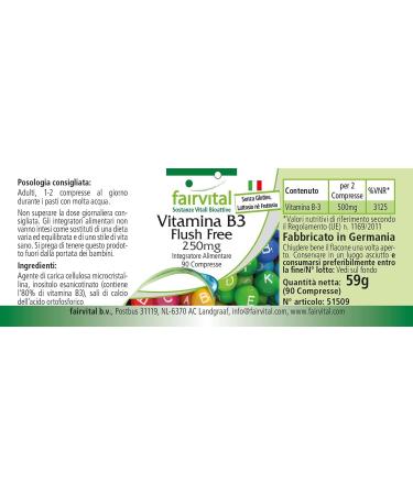 Fairvital Vitamin B3 Flush Free 250mg - High Dose Vegan Niacin - 90 Tablets for Optimal Health - Buy Online on GoSupps.com