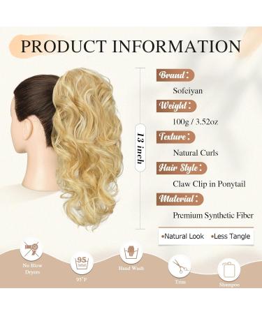 Sofeiyan 13 Inch Curly Ponytail Extension Claw Clip in Hairpiece for Women - Light Brown Mix Bleach Blonde - Natural Wave Synthetic Clip-in Pony Tail - Buy Online on GoSupps.com