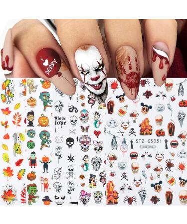 Autumn & Halloween Nail Stickers, 9 Sheets Skull Nail Decals 3D Self-Adhesive Fall Leaves Pumpkin Bat Ghost Spider Web Skeleton Pattern Nail Art Design for Thanksgiving Halloween Party