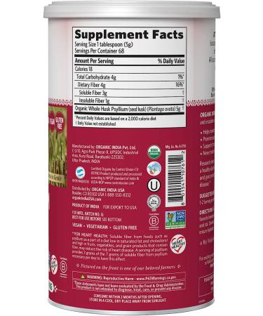Organic India Psyllium Herbal Powder - Whole Husk Fiber 12 Oz Canister (Pack of 2) | Keto Friendly, Vegan, Gluten-Free, USDA Certified Organic - Buy Online on GoSupps.com