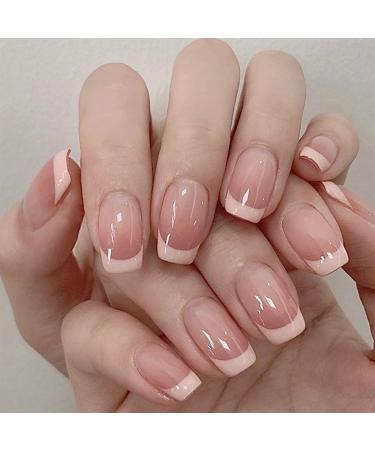 24pcs French False Nails White Tip Stick on Nails Square Press on Nails Pink Gradient Removable Glue-on Nails Fake Nails Acrylic Full Cover Nails Women Girls Nail Art Accessories 0200Y02