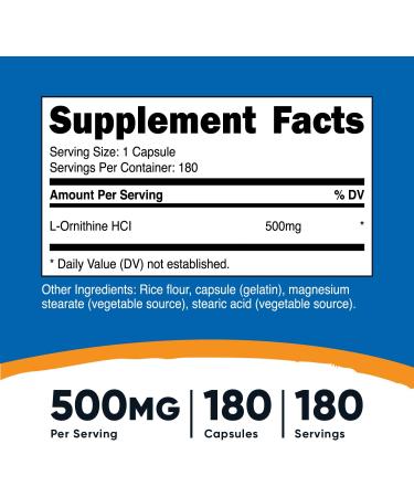 Nutricost L-Ornithine 500mg - 180 Capsules, Non-GMO, Gluten Free - 180 Count - Buy Online on GoSupps.com