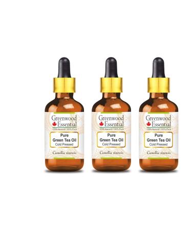 Greenwood Essential pur vert th Huile (Camellia sinensis) avec compte-gouttes en verre Naturel Th rapeutique Noter Froid Press (sans parfum) (paquet de trois) 100X3ml (10 oz)