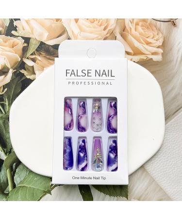 24Pcs Purple Rhinestone Long Coffin Press on Nails - Full Cover Acrylic Matte Artificial Luxury Nails for Women and Girls - Buy Online on GoSupps.com