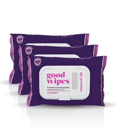 Goodwipes Flushable Butt Wipes, Lavender Scent, Biodegradable with Botanicals, Dispenser for At-Home Use, with Aloe, Septic and Sewer Safe & Never Dries Out, 180 Count (3 Packs of 60) Lavender 60 Count (Pack of 3)
