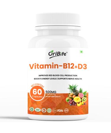 ORIBITE Vitamin B12 + D3 Supplement Supports Red Blood Cell Formation Energy Levels Nerve Health & Immune Function | 500mg Per Serving | with Alfalfa & Spinach Powder | Vegan Capsules | 60 Count
