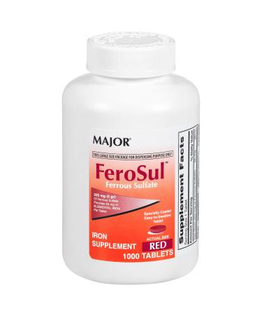 Major FeroSul - Ferrous Sulfate 325 mg Tablets - Iron Supplement for Women and Men - Specially Coated Easy-to-Swallow Tablets - Red - 1000 Count
