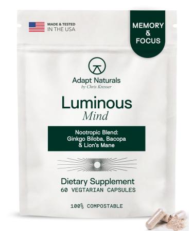 Adapt Naturals Luminous Mind Nootropic Brain Supplement with Ginkgo Biloba Bacopa and Lions Mane | Memory Focus Mental Clarity and Elevated Mood Support | No Caffeine Crash Free - 30 Days Supply 60 Count (Pack of 1)